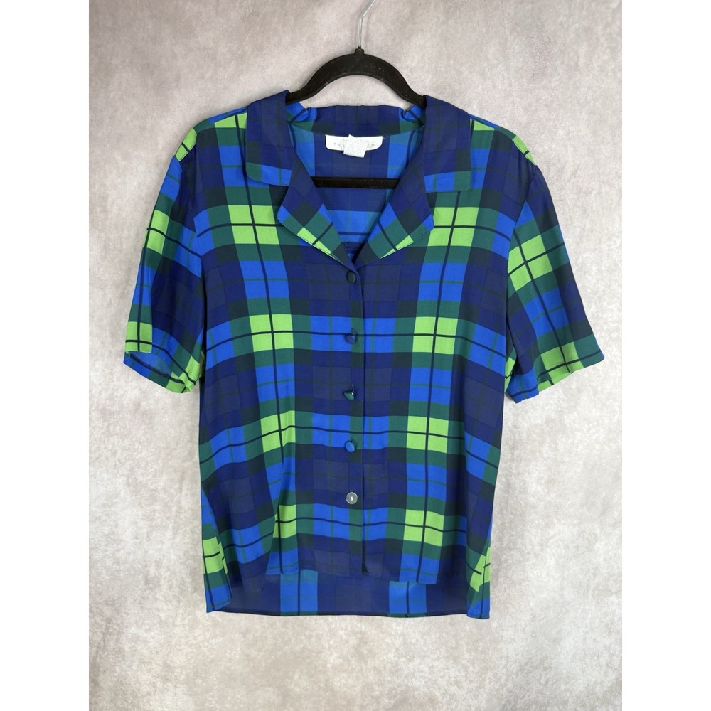 Vintage Y2K The Limited Grid Geometric Print Silk Blouse In Blue Green Size M